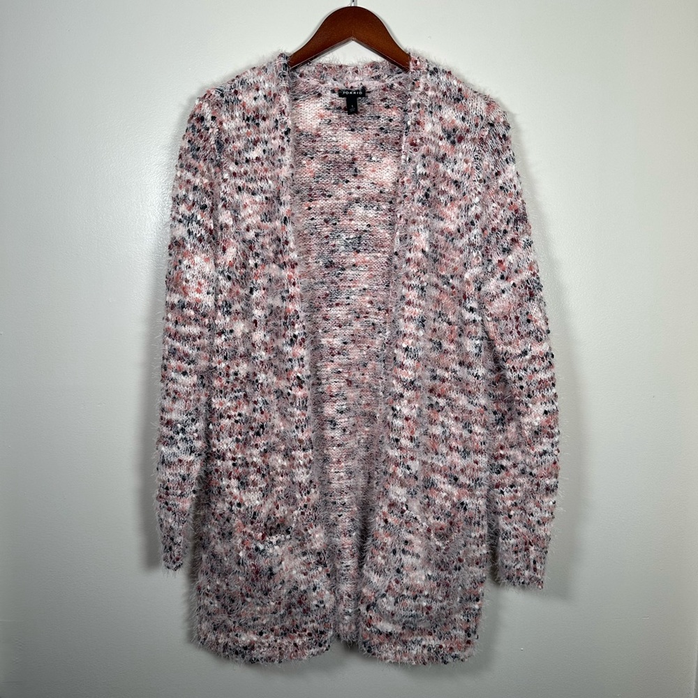 EUC Fuzzy Multicolor Popcorn Knit Open Front Cardigan 1X (14/16)